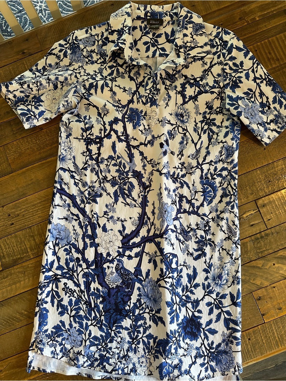 Pure Amici Blue & White Floral Bird Print Shirt Dress Size Small Like New